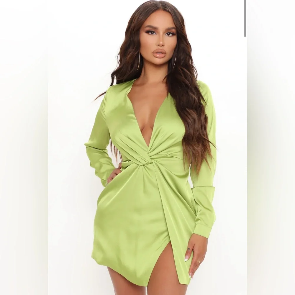 FASHION NOVA Sugar Free Dress Satin Neon Yellow NWT - Picture 6 of 14